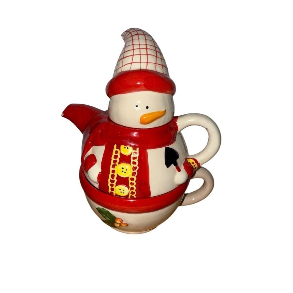 Debbie Mumm Vintage Snowman Teapot & Cup Set Christmas Tableware‎ broken hat